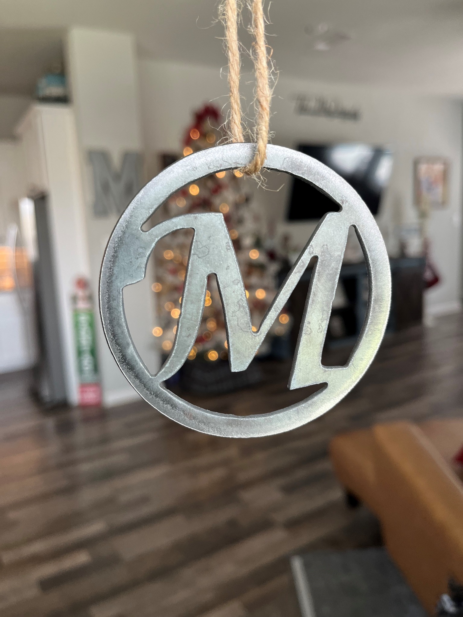 Personalized plasma-cut steel monogram Christmas ornament
