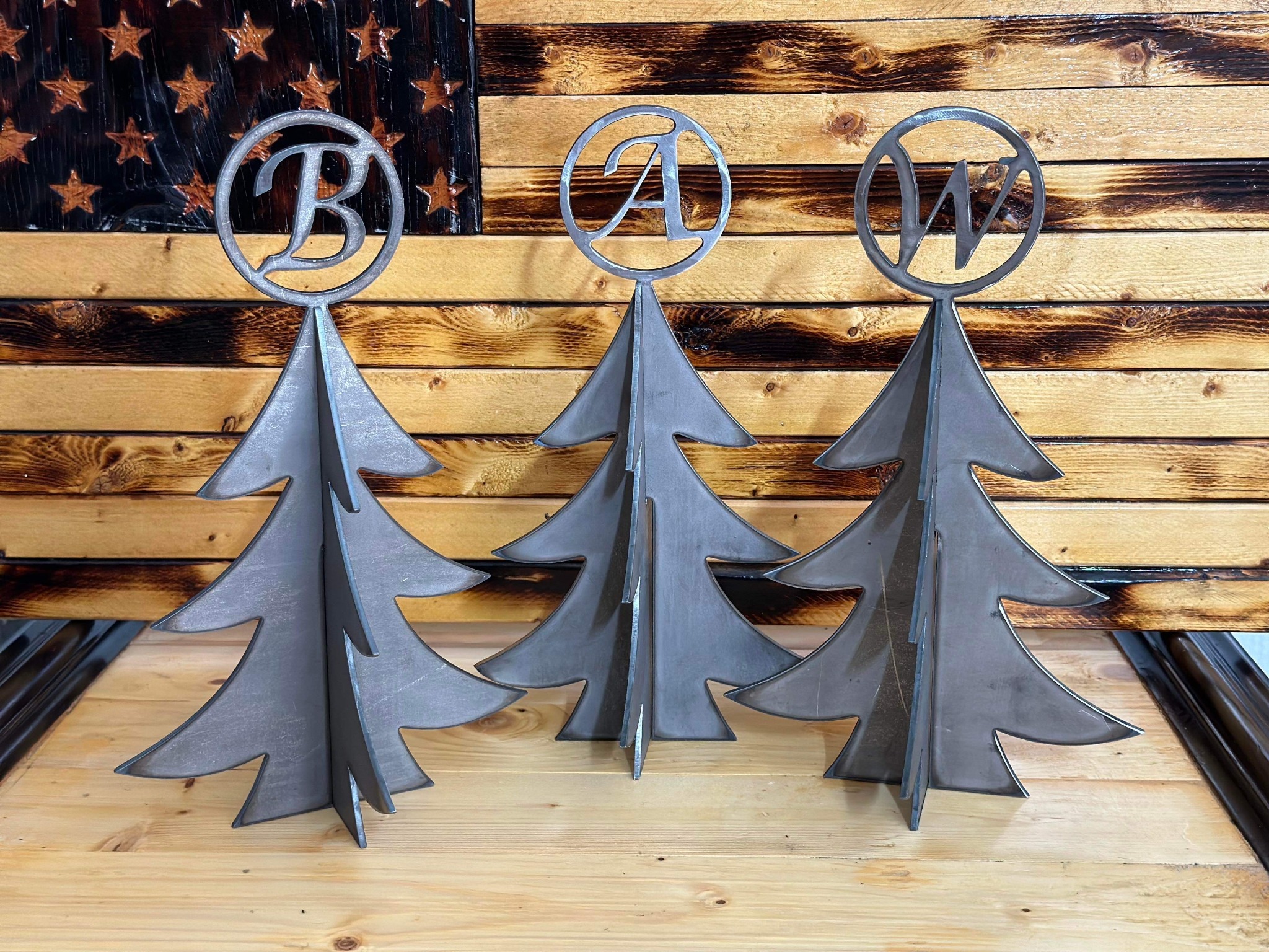 Personalized plasma-cut steel monogram Christmas trees